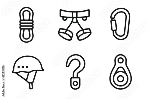 Climbing gear icons: rope, harness, carabiner, helmet, hook, pulley