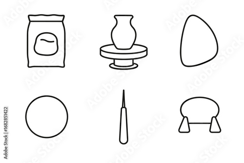 Pottery tools and materials: clay bag, pottery wheel, needle tool, kiln