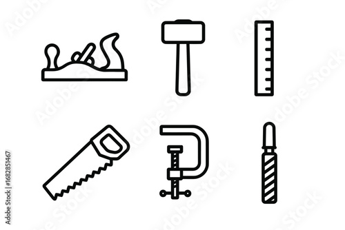 Set of six black and white carpenters tools icons for woodworking and construction