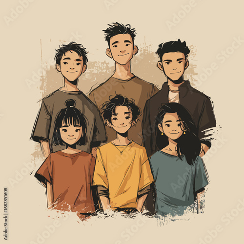 Six young friends stand closely together, smiling brightly. The group, diverse in appearance, enjoys a sunny day and shares a moment of joy and connection in a relaxed setting.