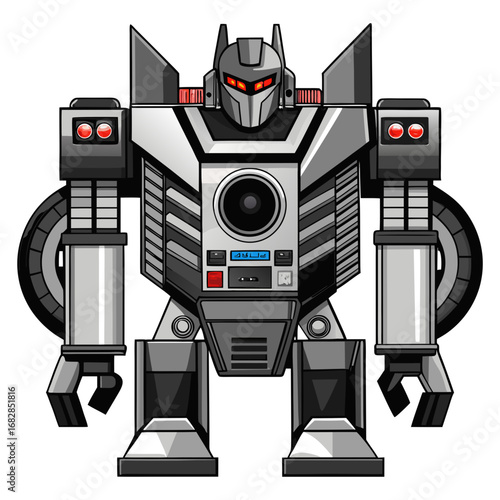 Futuristic robot character with red eyes and mechanical body isolated on transparent background
