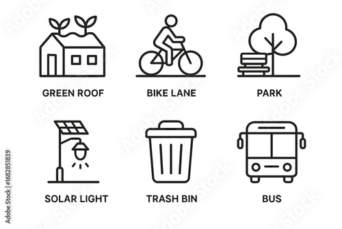 Eco-friendly urban icons: green roof, bike lane, park, solar light, trash bin, bus