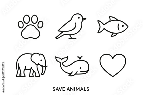 Animal conservation icons: paw, bird, fish, elephant, whale, heart symbols
