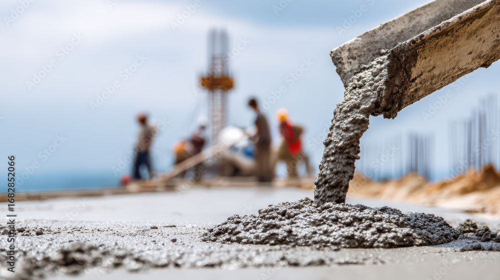 Fototapeta premium Concrete Pouring: A close-up shot captures fresh concrete flowing seamlessly onto a construction site, highlighting the crucial process of creating the solid foundations necessary for buildings.