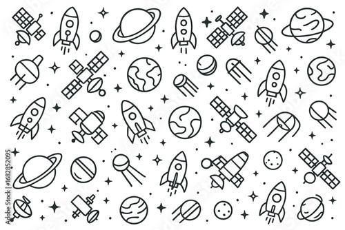 Seamless space pattern with rockets, planets, and satellites in black and white