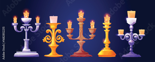 Cartoon vintage candlestick set with glowing flames and ornate designs - golden, silver and bronze holders with melting wax for decoration. Medieval or gothic style candelabra asset for game interface