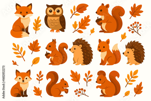 Cute woodland animals and autumn leaves illustration with fox, owl, squirrel, and hedgehog