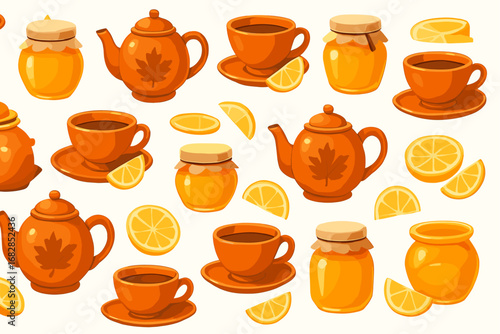 Seamless pattern of tea pots, cups, honey jars, and lemon slices