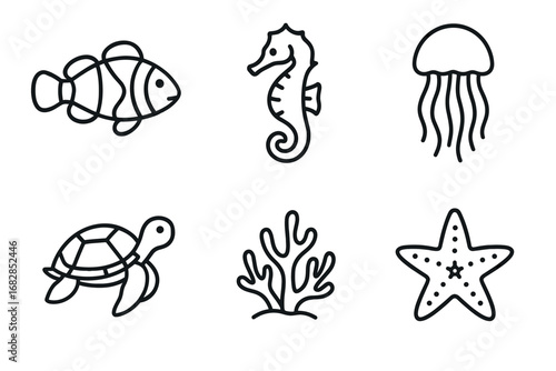 Outline icons of seahorse, fish, jellyfish, turtle, coral, starfish in marine life set