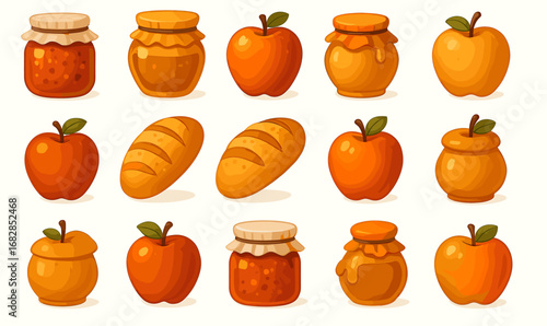 Seamless pattern of apples, bread, and jars of honey in warm tones