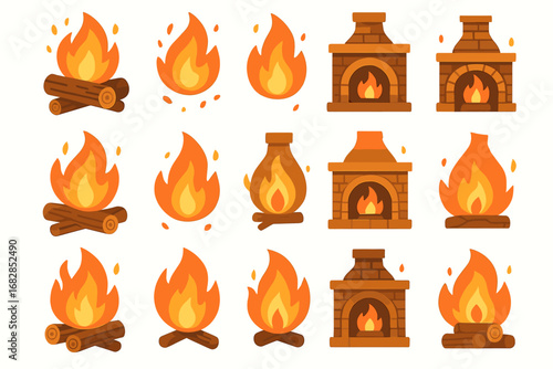 Collection of cartoon fireplaces and flames icons in various designs