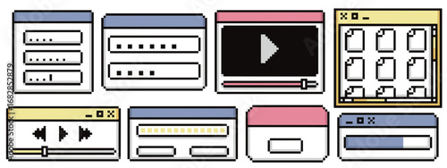 8 bit window designs with pixel frame ui elements for retro software - menu panels, video player and file browser layouts. Digital interface components with buttons, sliders and navigation bars.