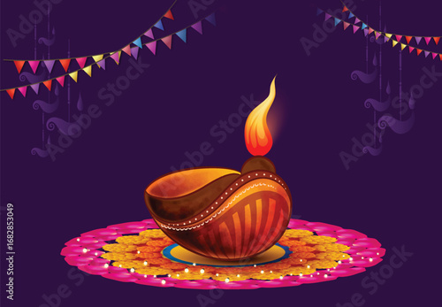 Diwali Celebration Poster with Oil Lamps and oil lamps representing traditional Diwali celebrations on a vibrant gradient background