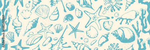 Nautical bg with boho shell seamless pattern for textile design - turquoise starfish, scallops and coral elements. Marine life motifs with seaweed and bubbles for beach themed decoration or fabric.