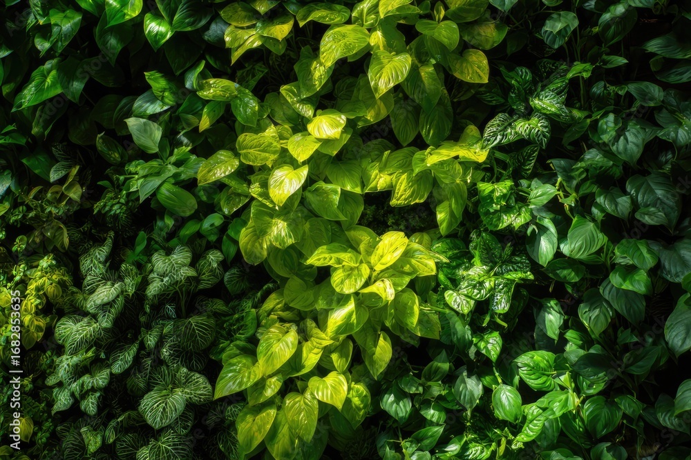Obraz premium Close up of a vibrant vertical garden wall in an urban apartment, sunlight highlighting different green leaves.