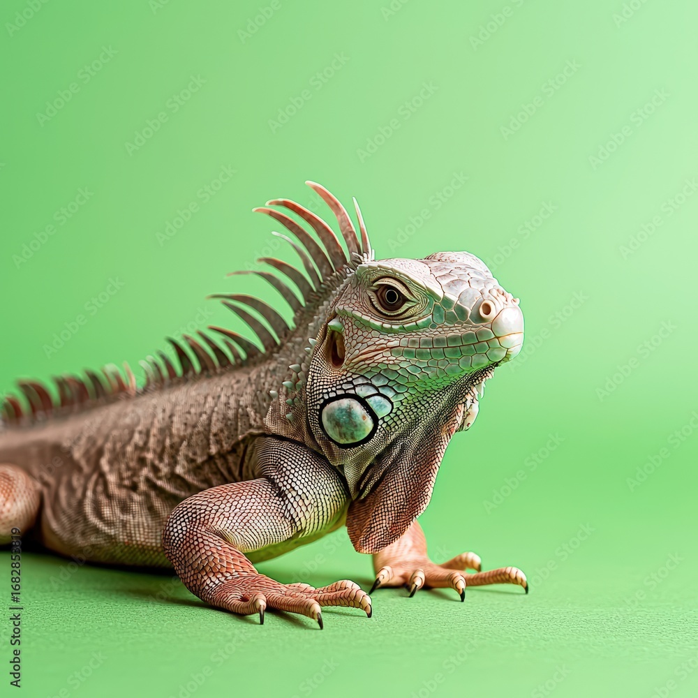 Obraz premium A tiny iguana basking, spiky crest, soft green background, copy space on the right,