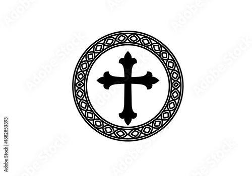 A black Christian cross in a blackoutlined circle featuring a geometric border pattern