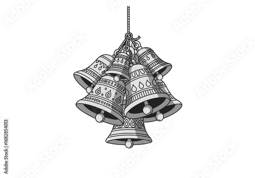 A bunch of seven ornate metal bells hang from a thick tangled rope