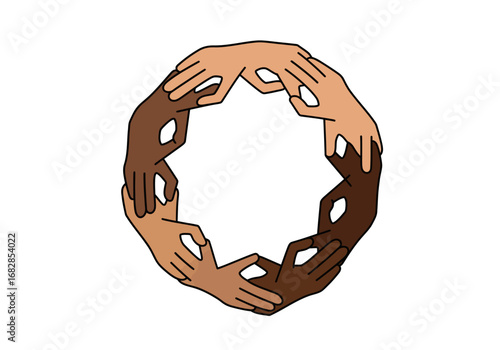 A circle of hands with diverse skin tones making the OK symbol linked together