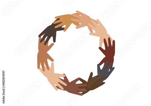 A circle of multicolored hands is depicted on a white background