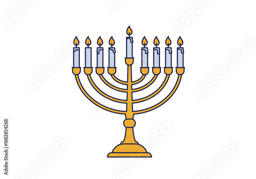 A gold Hanukkah menorah with lit white candles on a white background