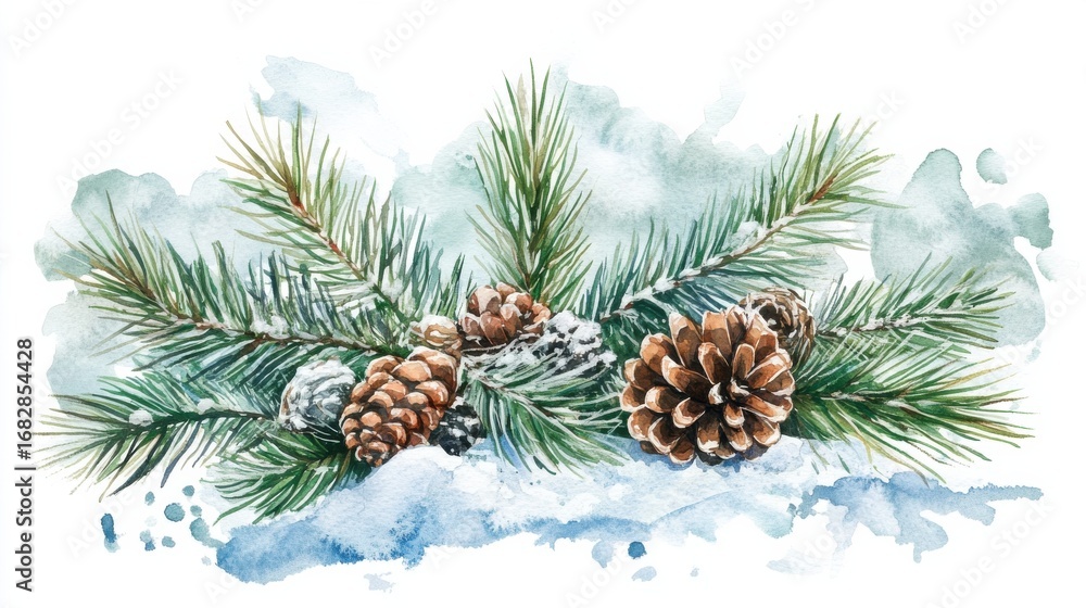 Fototapeta premium Pine branches and cones resting on snow in winter landscape
