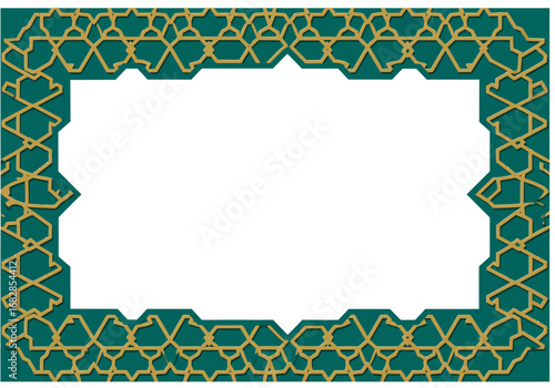 A rectangular frame with gold geometric patterns on a teal background surrounds a white empty center