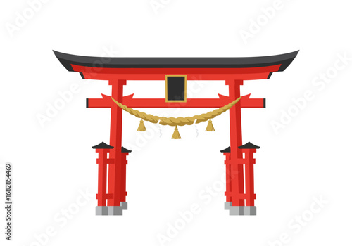 A red torii gate with black accents and a rope hanging across the top centered