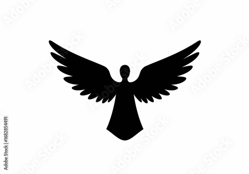A silhouetted angel with outstretched wings faces forward in the center