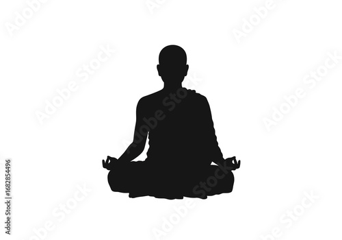 A silhouette of a seated monk meditating with hands positioned in a peaceful mudra