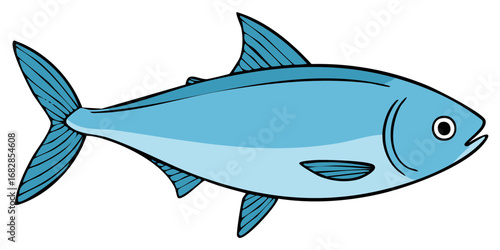 Blue fish illustration with detailed fins and tail on white background, cartoon style.