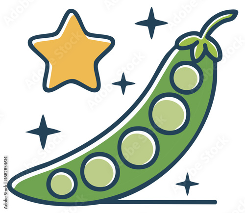 Green pea pod with star and sparkle elements