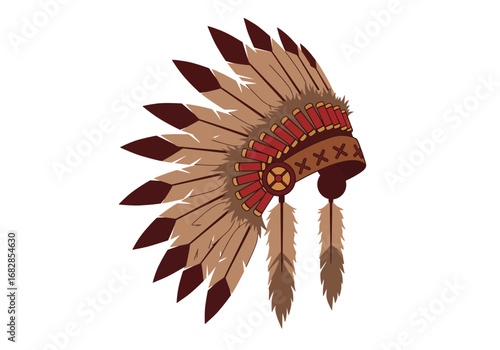 A tan  brown Native American war bonnet headdress with red  gold details  feathers hanging down