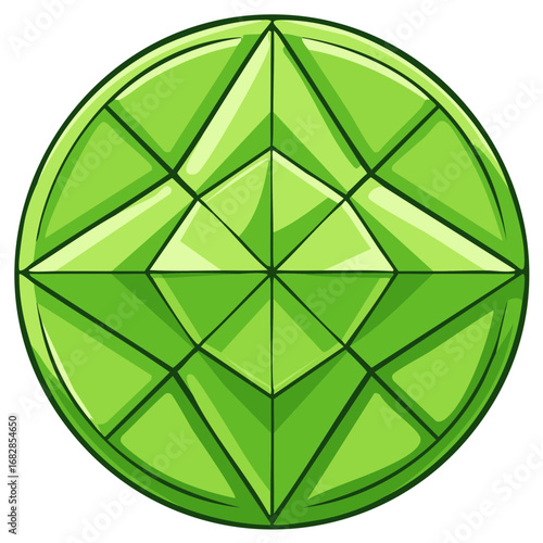 Shiny emerald green round gemstone illustration with detailed facets