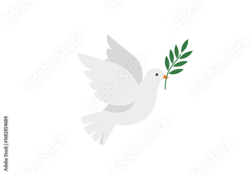 A white dove flies holding a green branch in its beak