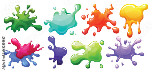 Colorful slime blot collection with glossy liquid splashes and bright paint drops for game design. Vibrant goo shapes with dripping effects. Sticky substance elements for creative kids content.