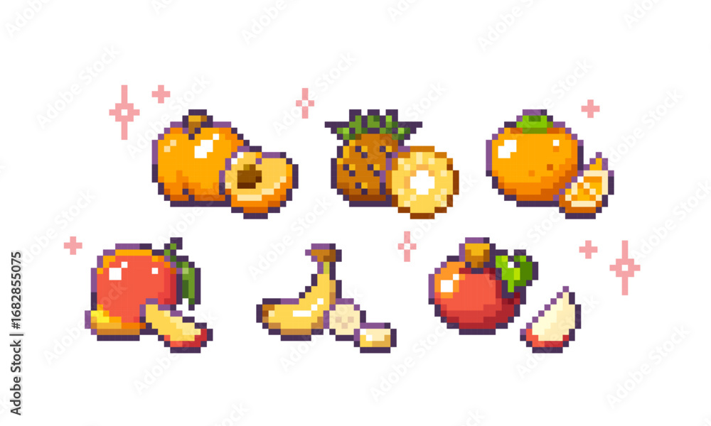 Fototapeta premium Fruit pixel art collection with peach and pineapple, orange and mango, banana and apple for retro games. 8 bit style food icons with sparkles and sliced versions. Arcade or mobile game assets.