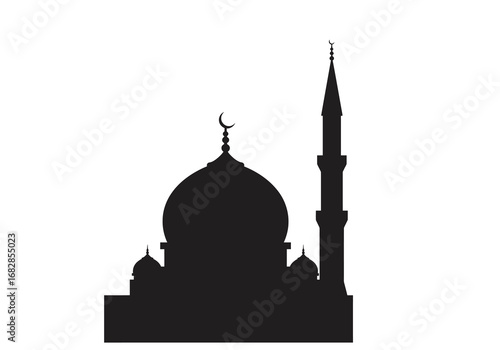 Black silhouette of a mosque with a dome and minaret against a white background