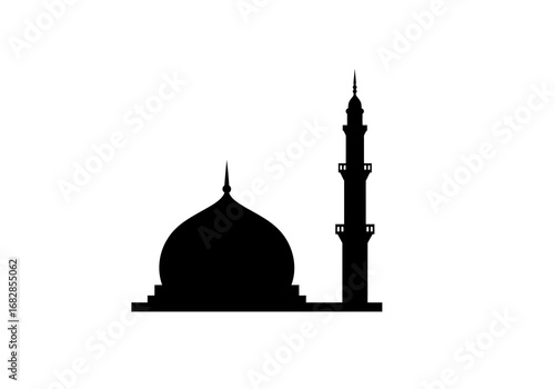 Black silhouette of a mosque with a dome and minaret on a white background