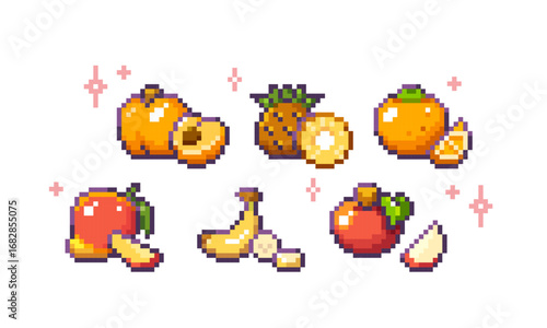 Fruit pixel art collection with peach and pineapple, orange and mango, banana and apple for retro games. 8 bit style food icons with sparkles and sliced versions. Arcade or mobile game assets.