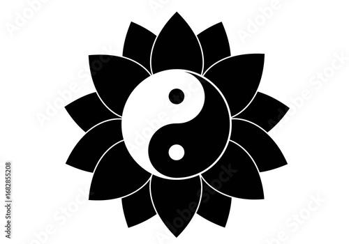 Blackandwhite lotus flower with Yin and Yang symbol in the center