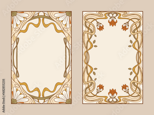 Vintage ornamental designs in art nouveau style with floral frame borders for elegant presentations. Botanical panels with intertwined vines and blooms. Decorative templates for invitations.