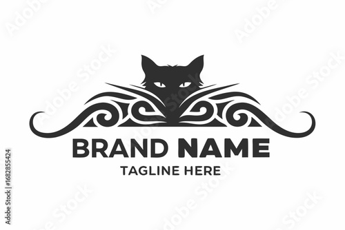 Ornamental Cat Silhouette, Decorative Design Element on White Background