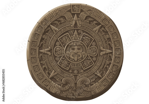 Brown stone Aztec calendar with a central face and layered circular carvings