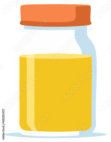 Glass jar with yellow liquid and orange lid isolated, cartoon style illustration