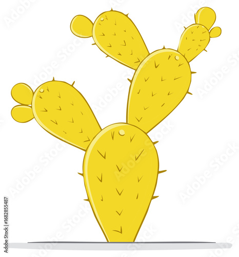 Stylized Yellow Prickly Pear Cactus with Spikes and Pods Illustration