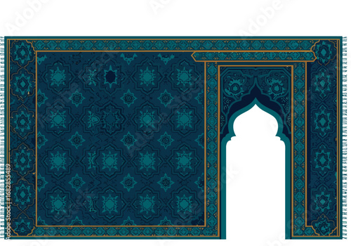 Blue  green rug with a geometric pattern border design  fringed edges features an arched white niche