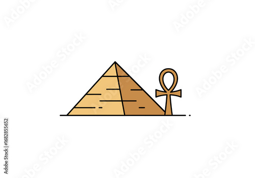 Egyptian pyramid  ankh symbol split color tan  dark gold flat ground simple design minimal details