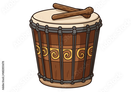 Drum with spiral designs and sticks on top