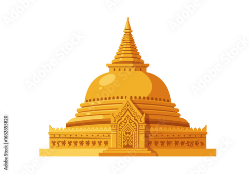Golden pagoda with dome tiered roof detailed entrance and symmetrical design on a white background